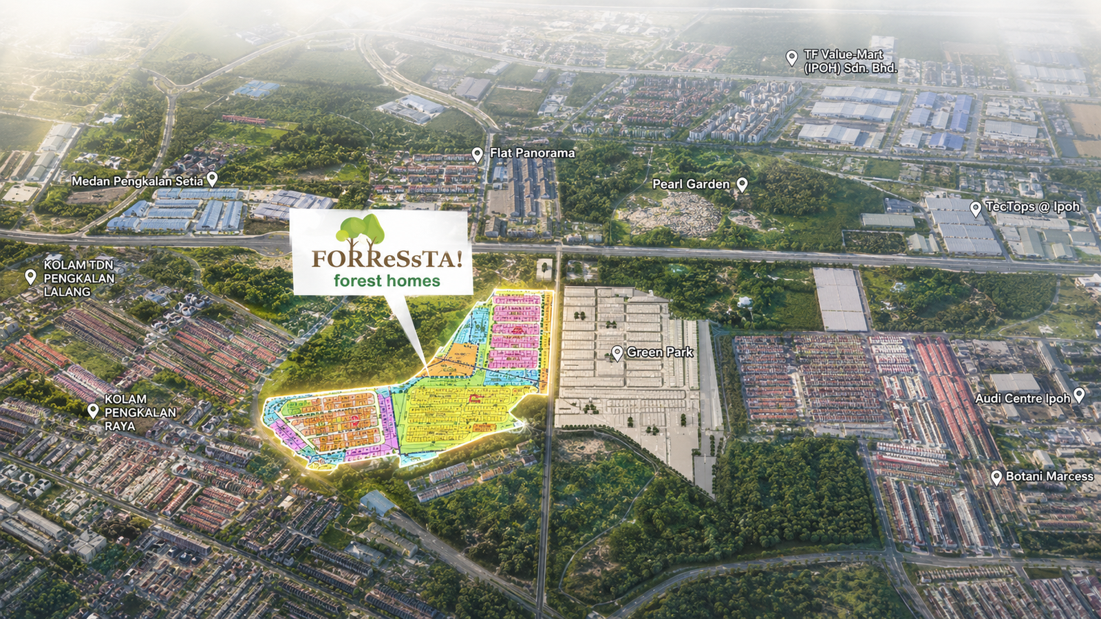FORReSsTA! forest homes location map, Ipoh, showing surrounding amenities including TF Value-Mart, Green Park and Medan Pengkalan Setia