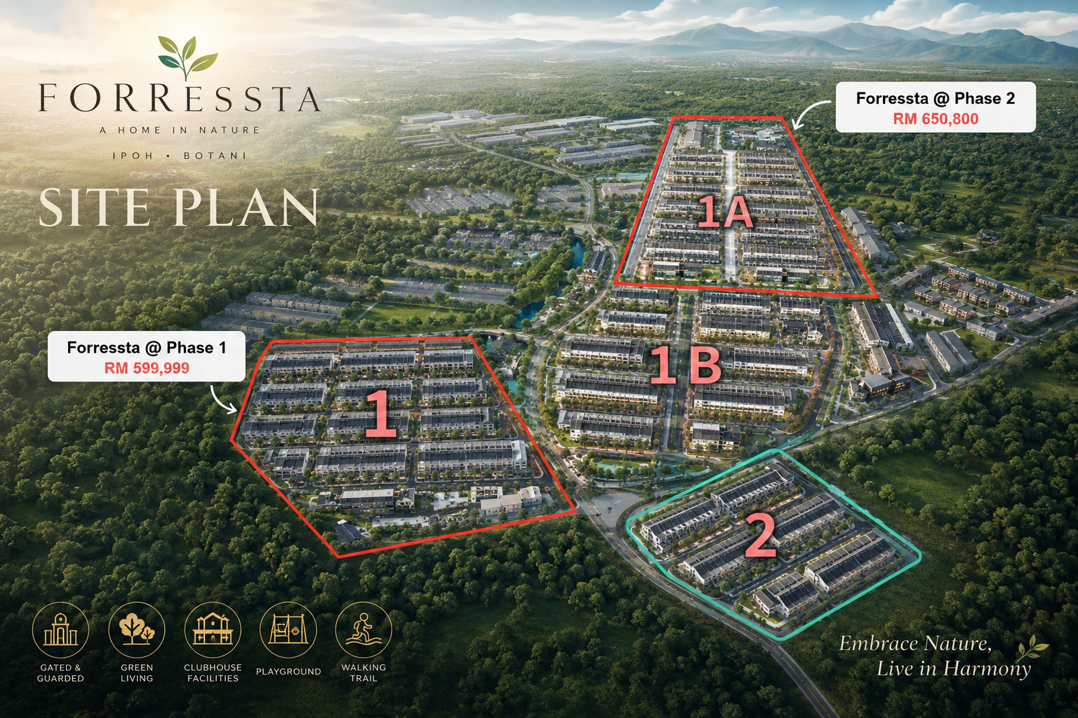 FORReSsTA! A Home In Nature, Ipoh Botani — site plan showing Phase 1 at RM599,999 and Phase 2 at RM650,800, with gated & guarded access, clubhouse, playground and walking trail