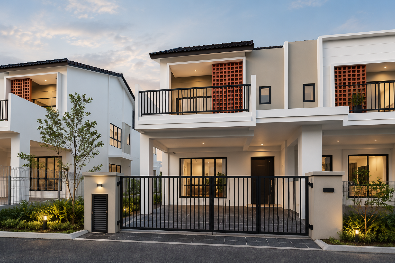 Double storey terrace homes at FORReSsTA! @ Ipoh Botani at dusk, gated frontage with private car porch